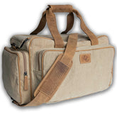 Shooting gear duffel with carry handles and side compartments-Tan Canvas and Brown Leather