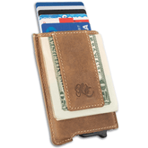 Full grain leather auto pop-up wallet,  strong magnetic clip with RFID blocking, UC Leather Logo - Brown