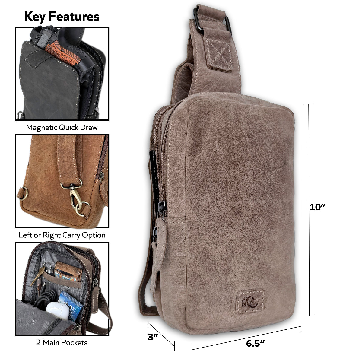 Compact sand leather sling bag for travel, EDC, and concealed carry
