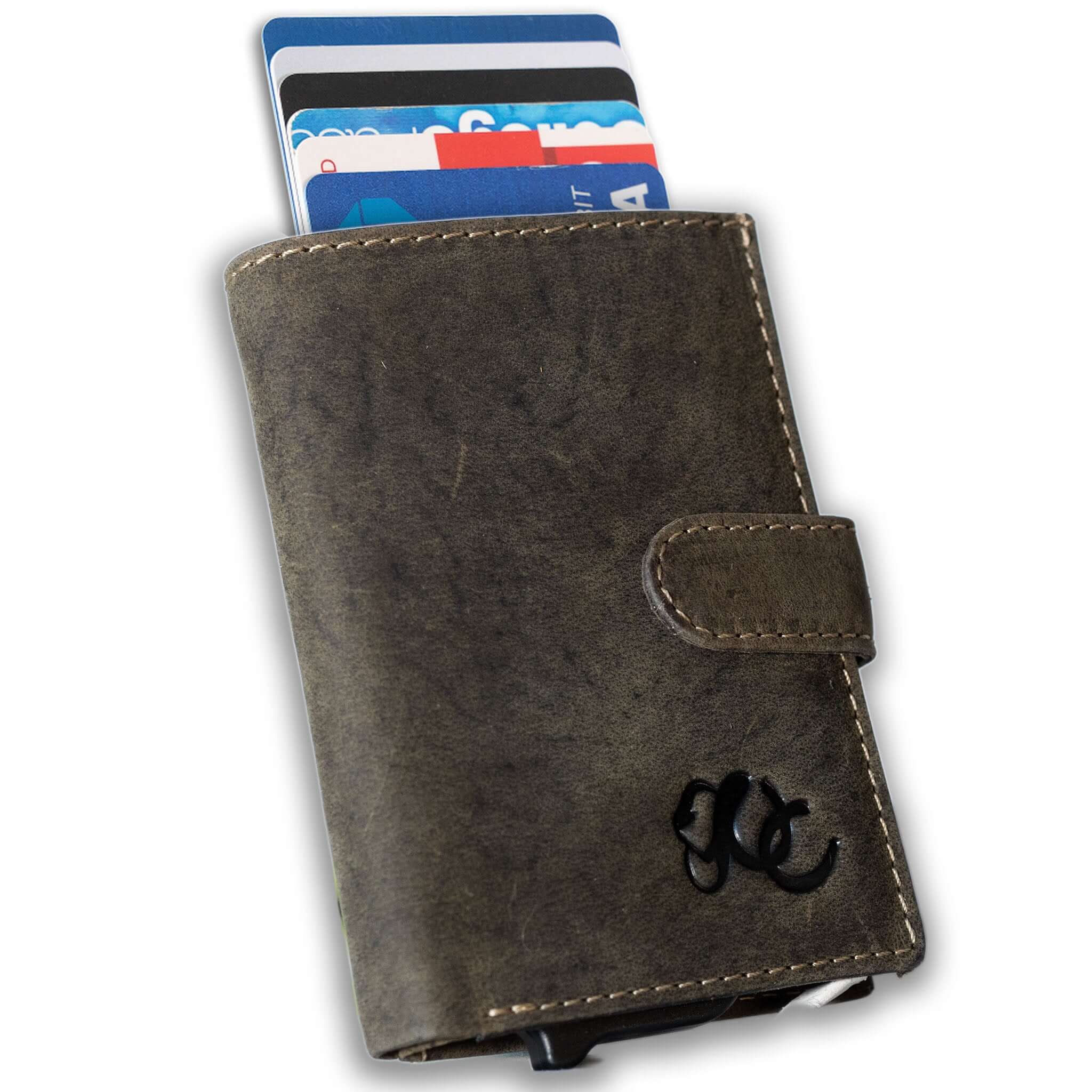Slim leather wallet with pop-up card tray and bifold cash section-Olive
