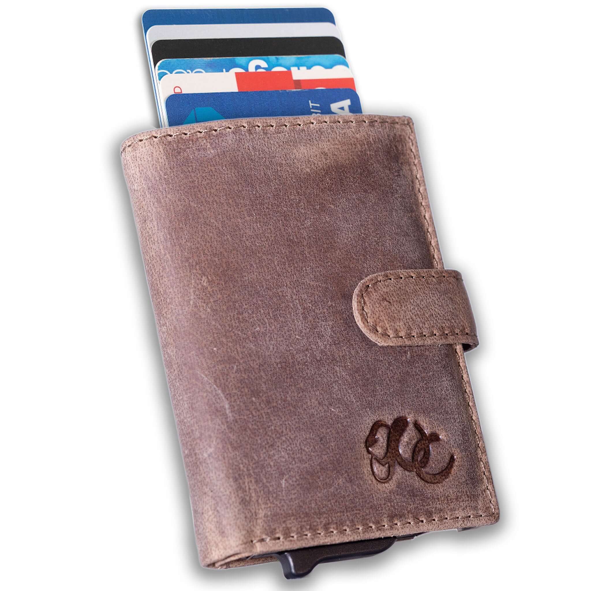 Slim leather wallet with pop-up card tray and bifold cash section-Sand