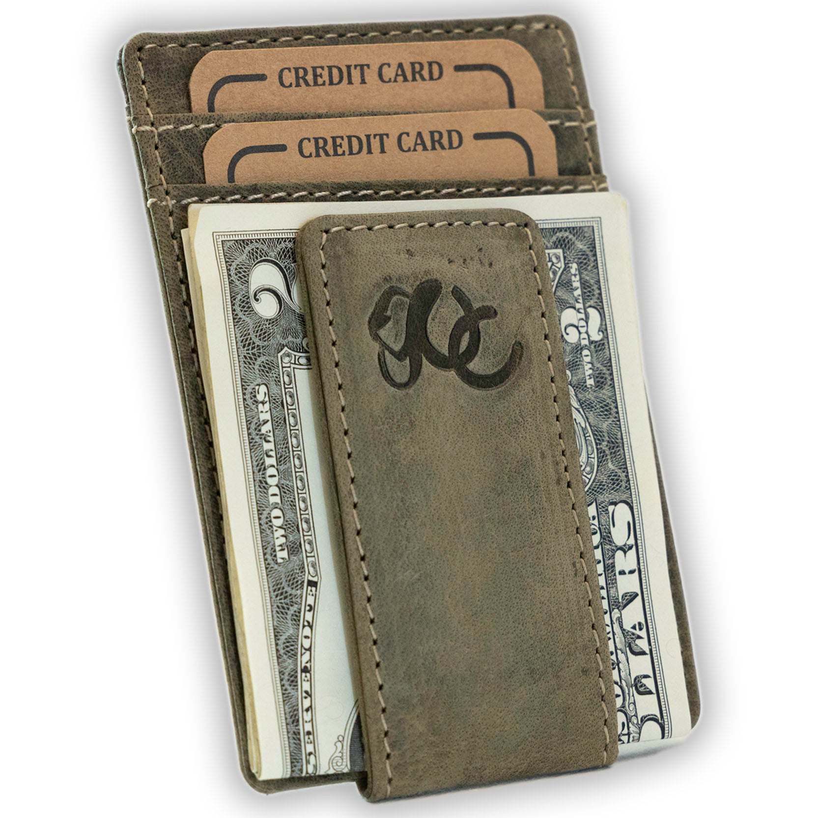 Slim front pocket wallet with full grain leather, RFID protection, magnetic cash clip, card slots, and rugged stitching-Olive