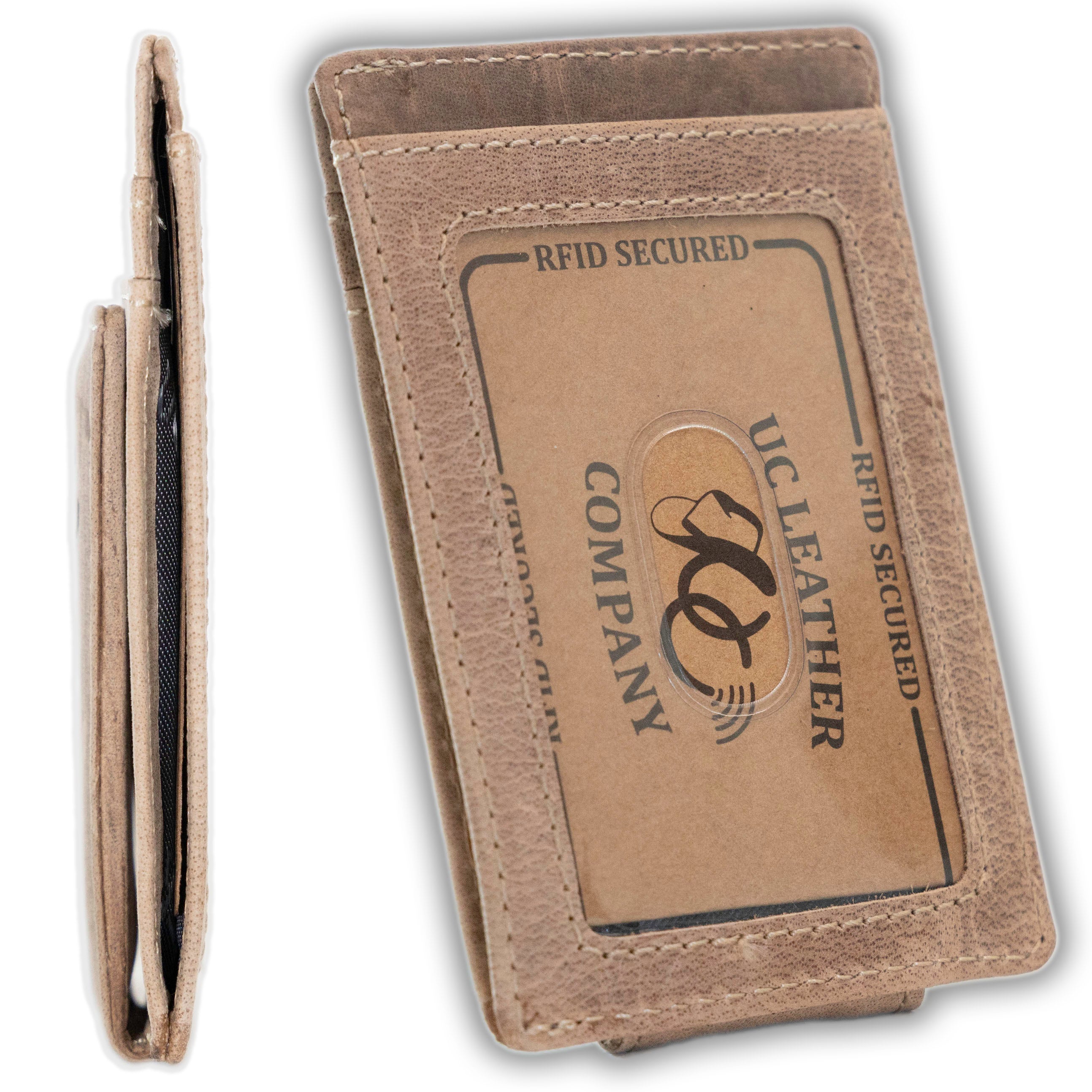 Slim front pocket wallet with full grain leather, RFID protection, magnetic cash clip, card slots, and rugged stitching-Sand-Id window