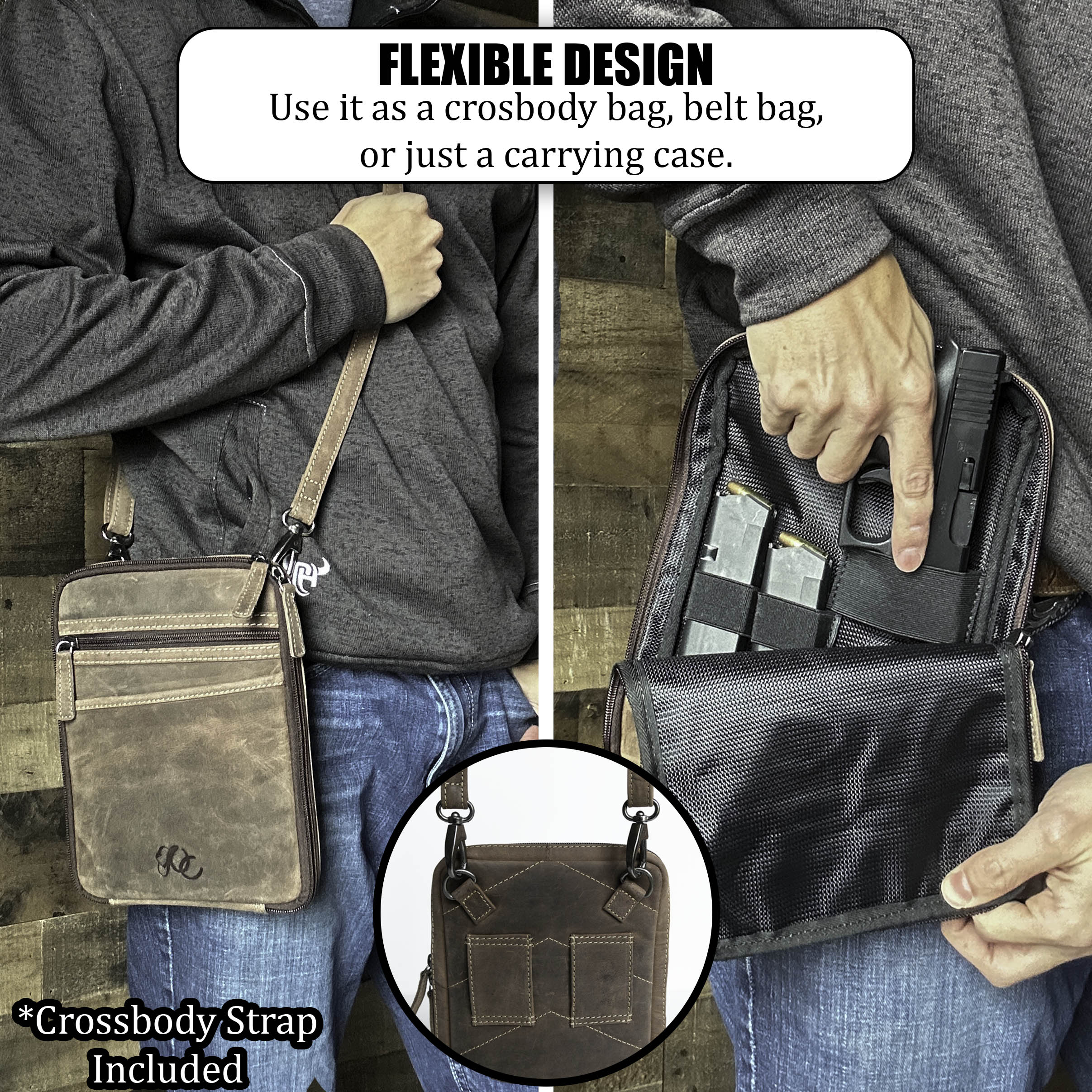 Leather Gun holster pouch with strap for handguns up to 8 inches long-Brown/Dark Brown