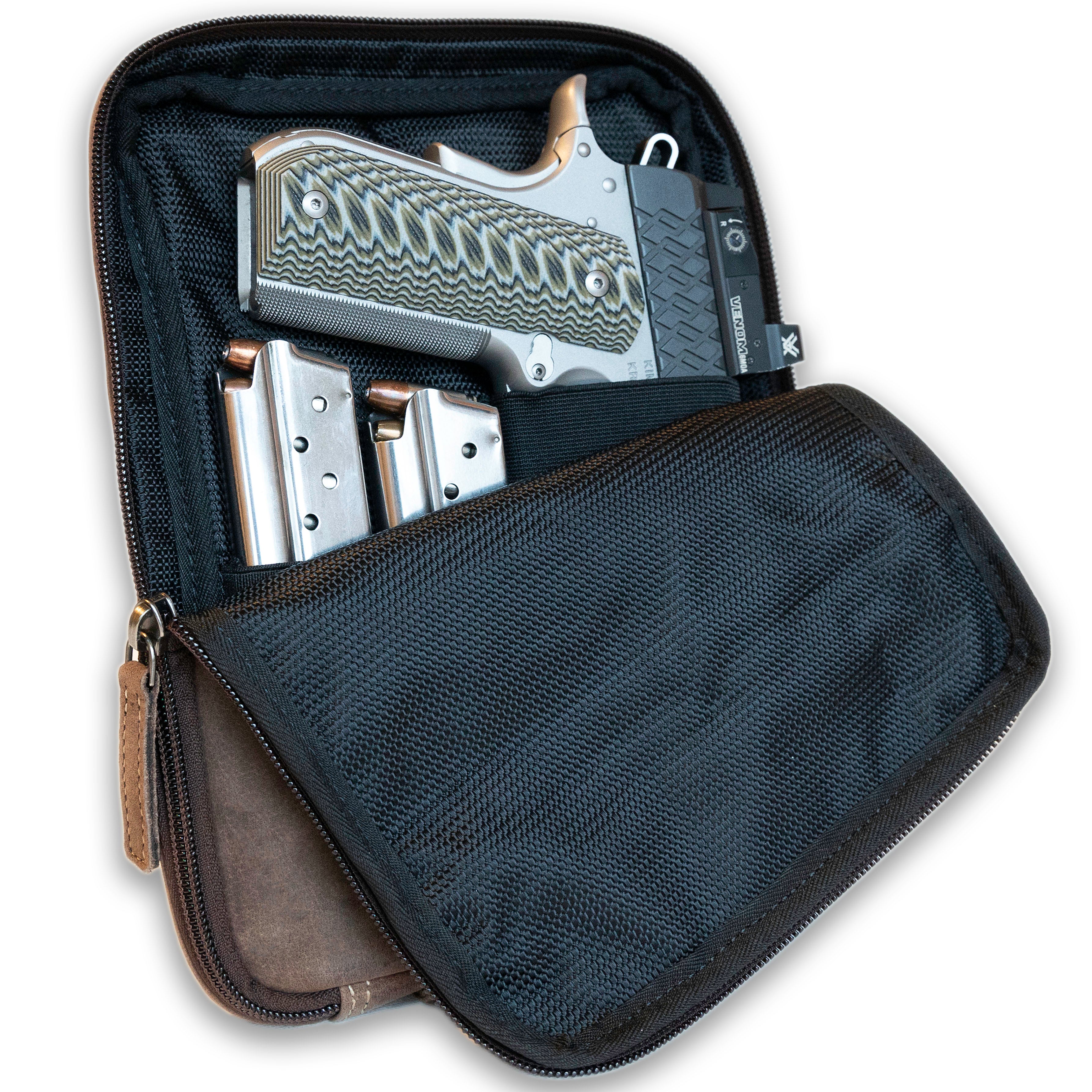 Leather Gun holster pouch for handguns up to 8 inches long-Dark Brown