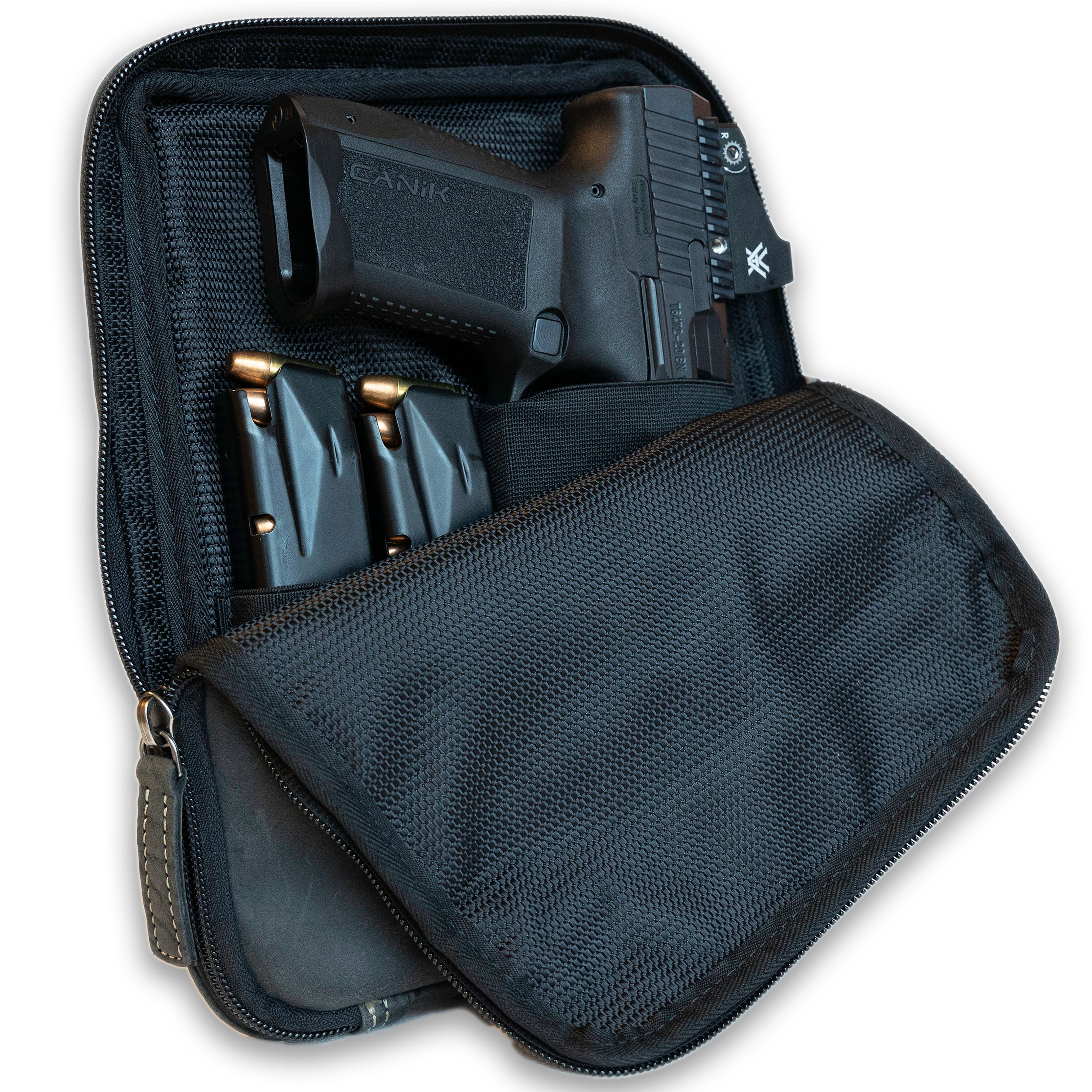 Leather Gun holster pouch for handguns up to 8 inches long-Black