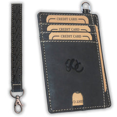 Minimalist RFID leather wallet with wrist strap- Black
