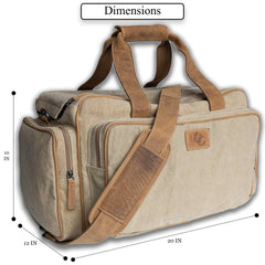 Shooting gear duffel with carry handles and side compartments-Tan Canvas and Brown Leather