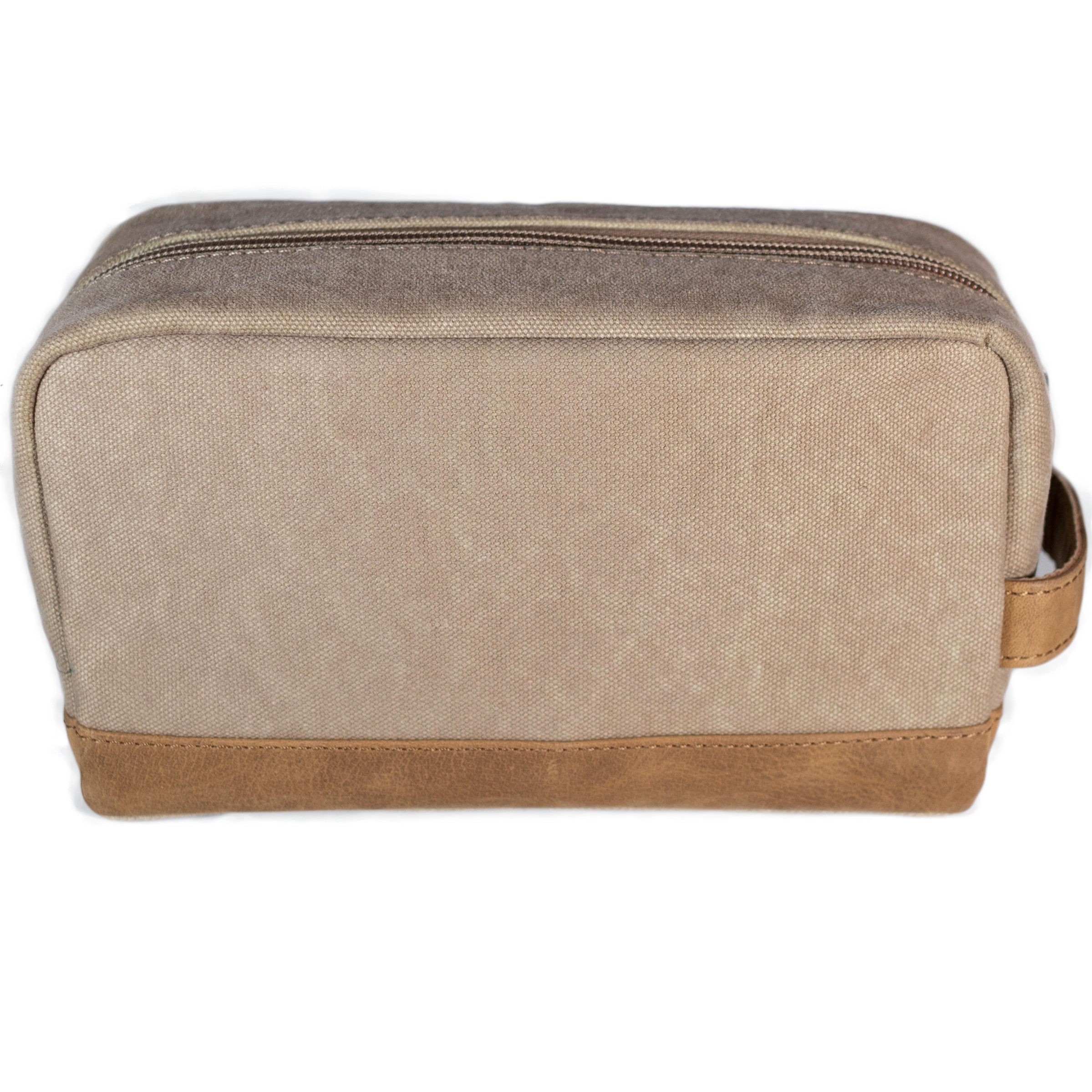A brown canvas toiletry bag  and leather details, featuring a zipper closure and a brand logo embossed on the front.