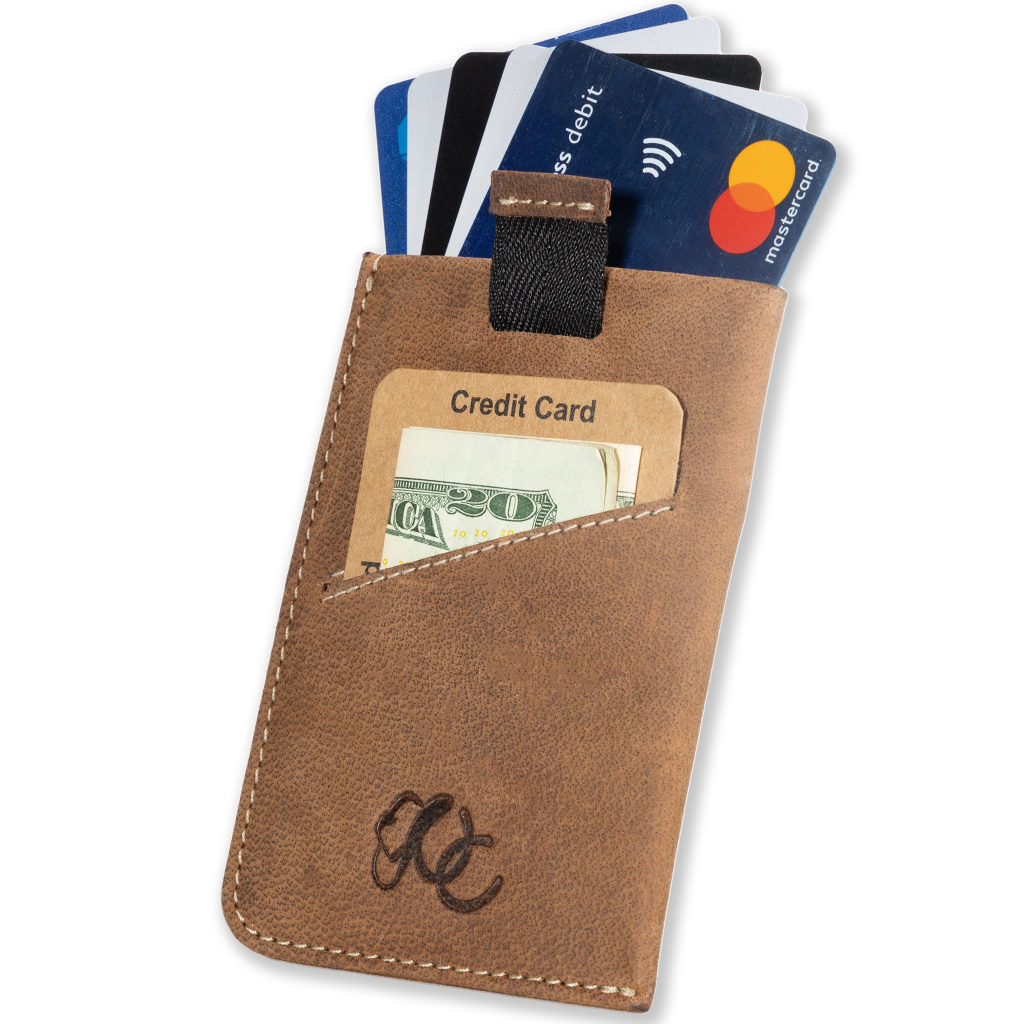 Slim leather card sleeve with RFID protection. Made from full grain leather with pull-tab access—holds 1–10 cards and built for minimalist daily carry-Brown