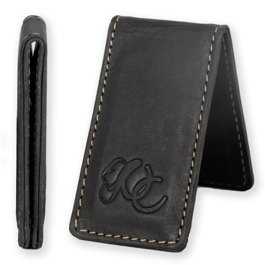 Strong magnetic cash holder in full grain leather with UC Leather Logo-Black