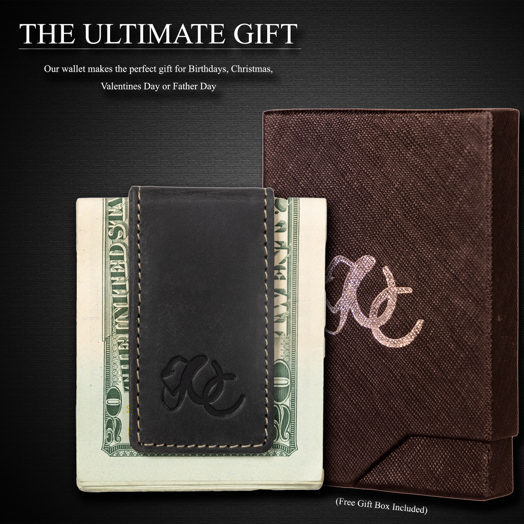 Strong magnetic cash holder in full grain leather with UC Leather Logo-Black