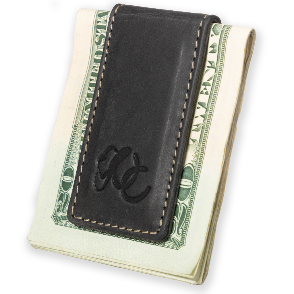 Strong magnetic cash holder in full grain leather with UC Leather Logo-Black