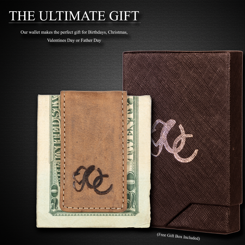 Strong magnetic cash holder in full grain leather with UC Leather Logo-Brown