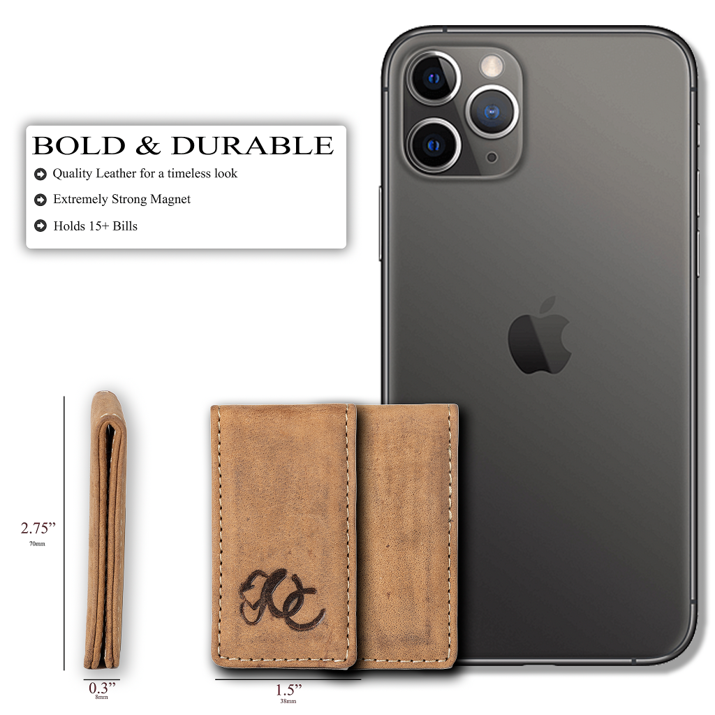 Strong magnetic cash holder in full grain leather with UC Leather Logo-Brown