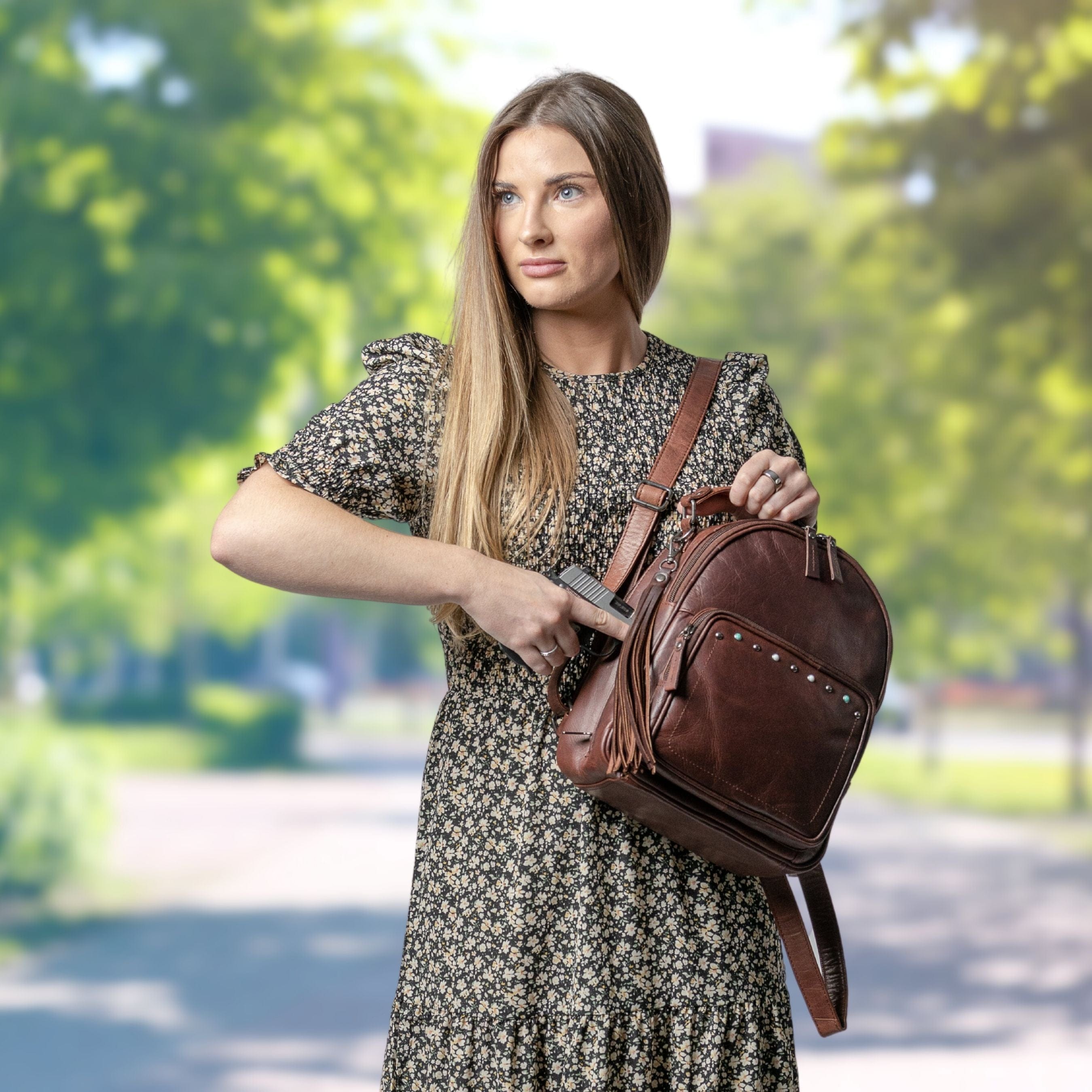 backpack style leather purse Concealed Carry Sawyer Leather Backpack by Lady Conceal, Cognac